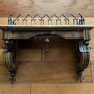 Rustic Brown Wall Shelf with Black Metal Accents Rare Unique Vintage